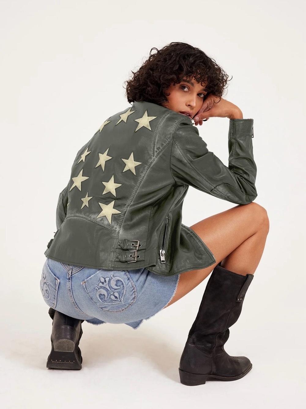Mauritius Womens olive  Star-Print Jacket with beige Collar